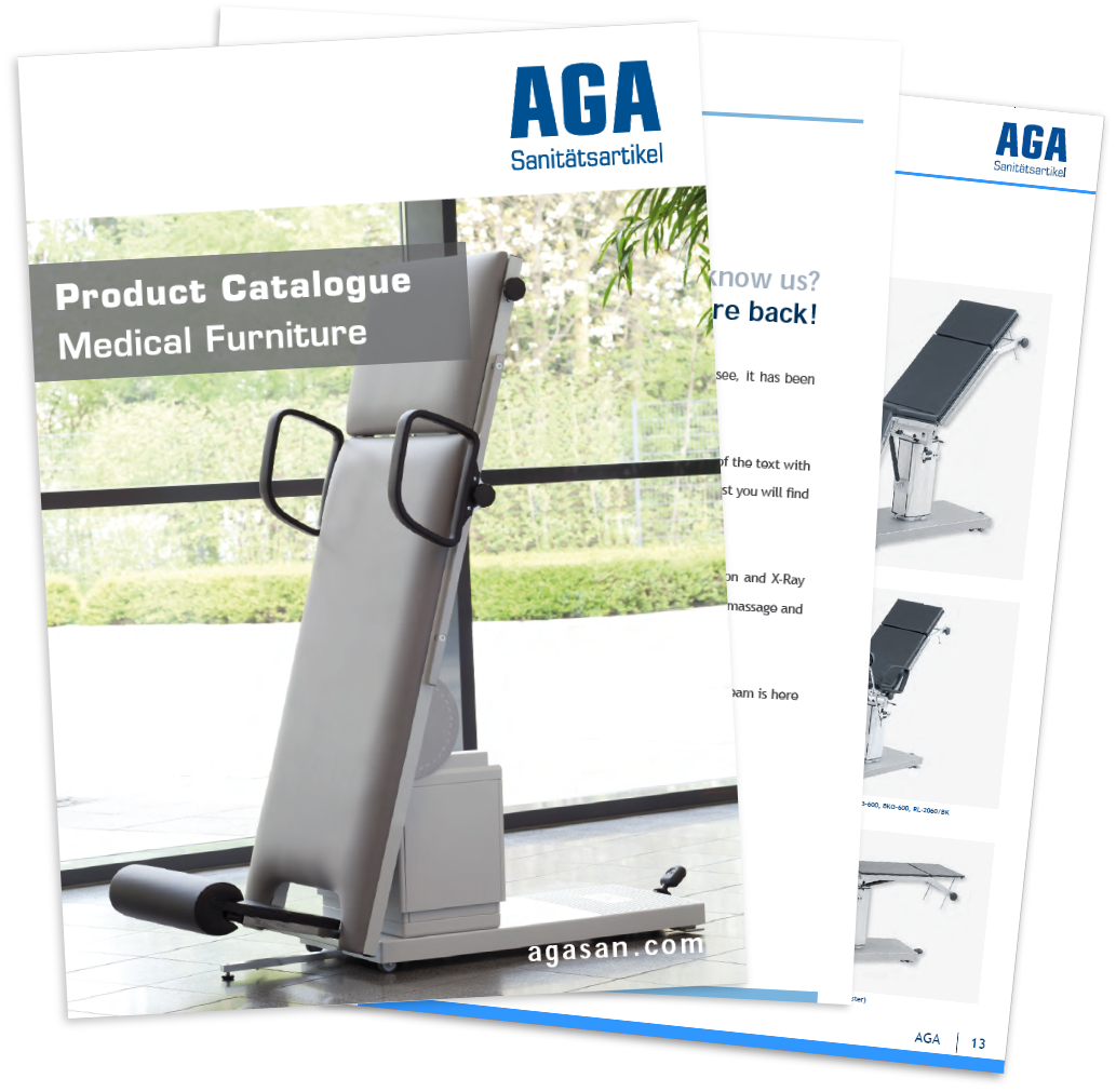 Cover and pages from AGA catalogue for medical furniture